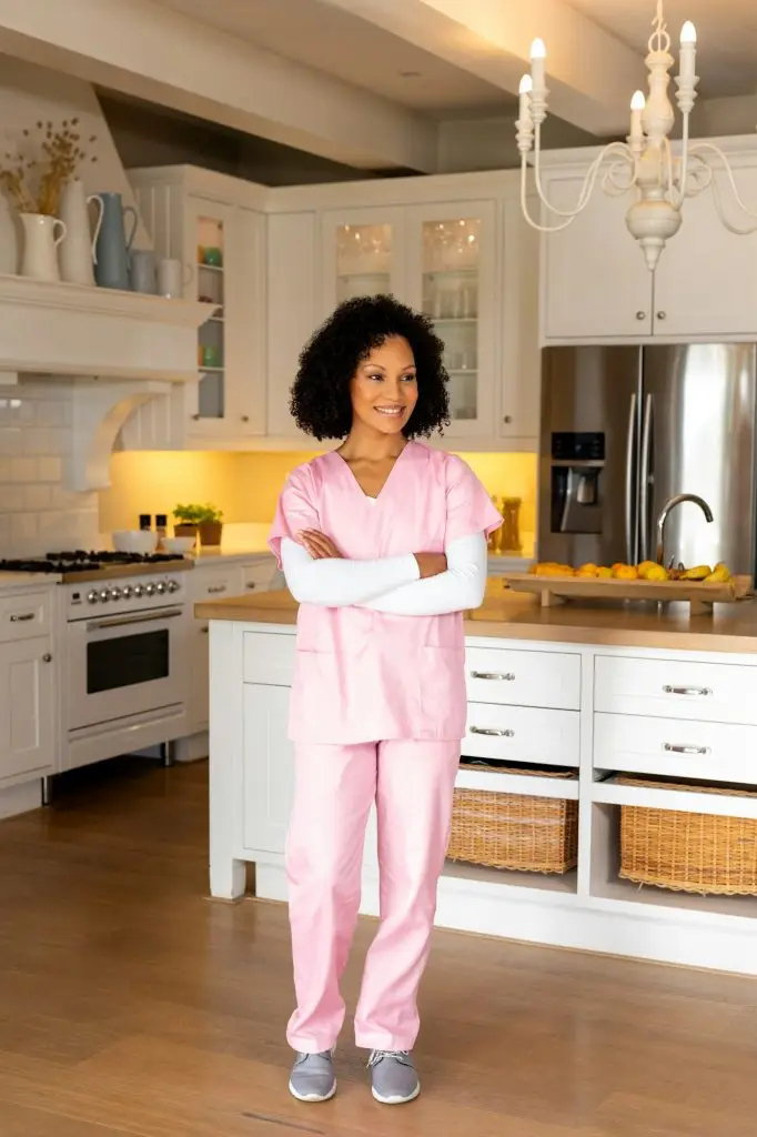 Happy biracial female medical worker wearing scrubs standing in kitchen at home, copy space